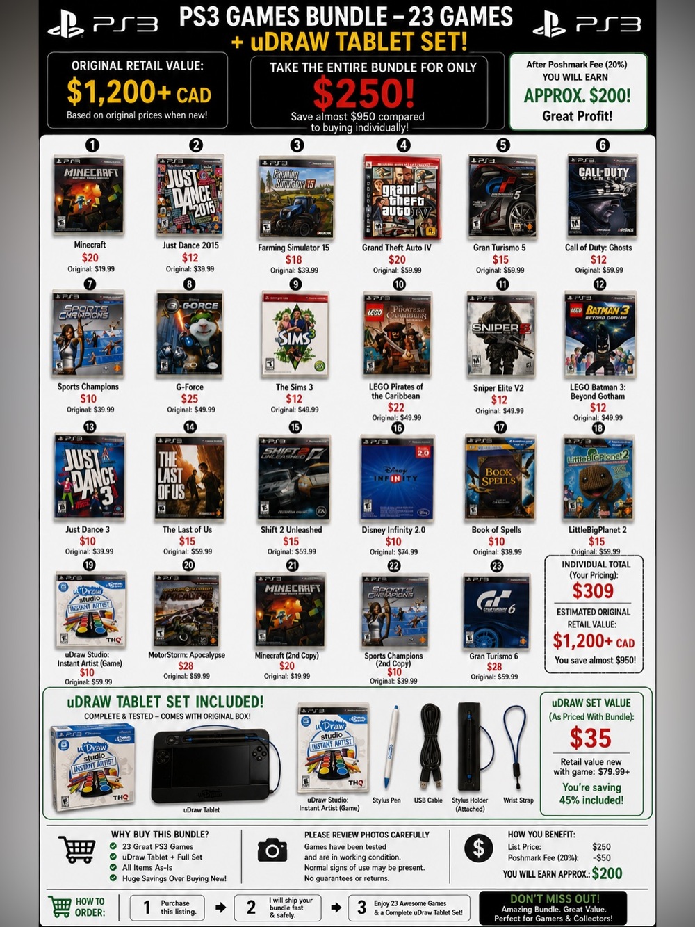 PS3 Games Bundle 🎮 23 Games + uDraw Tablet & Original Box